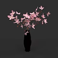 Black Vase With Pink Blooming Flowers And Delicate Branches On Gray Background