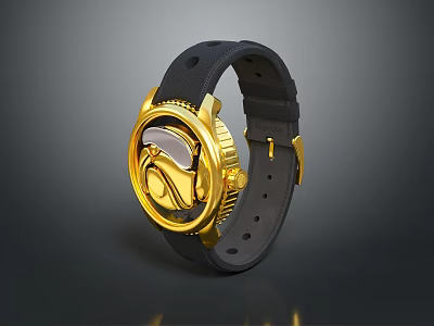 Elegant Stylish Watch With Black Strap Gold Dial Mechanical Design 3d model