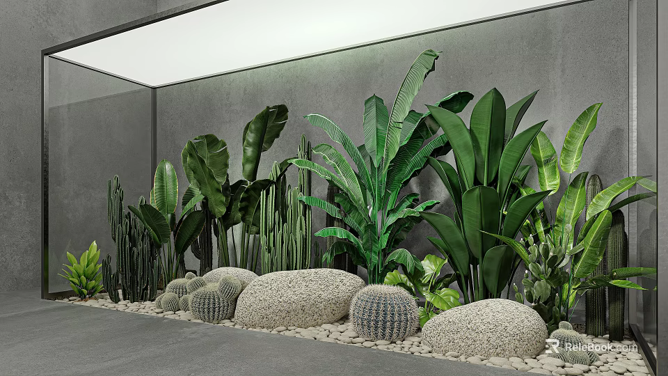 Lush Indoor Plant Arrangement With Green Tropical Leaves Cacti Stones And Grey Wall 3d model 