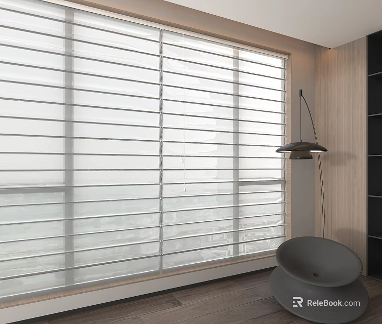 Modern Room Interior With White Window Blinds Floor Lamp And Chair 3d model 