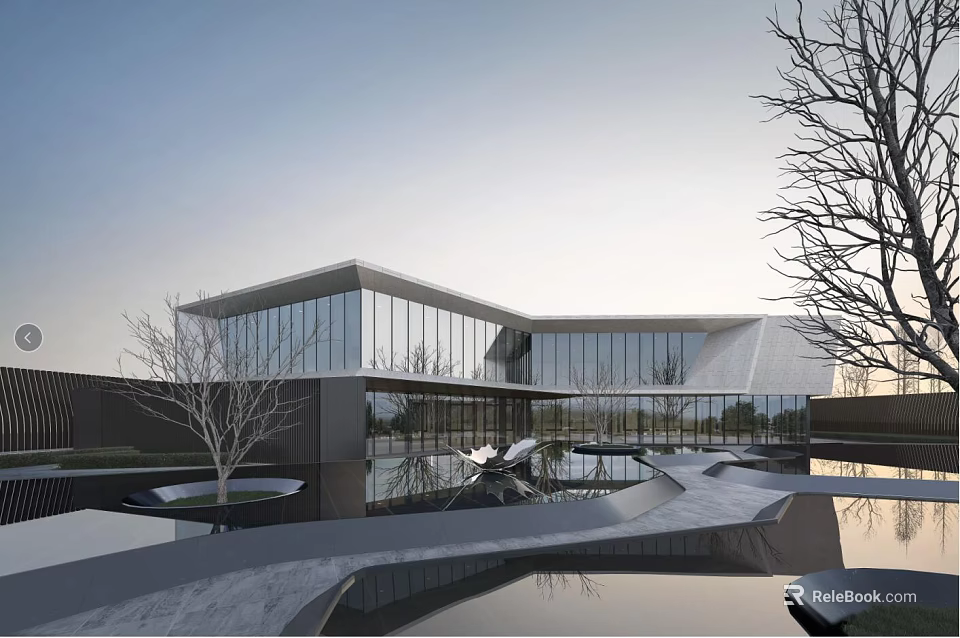 Modern Sales Office Building Architectural Design With Glass Curtain Walls Water Features And Landscape 3d model 