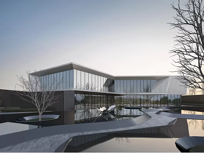 Modern Sales Office Building Architectural Design With Glass Curtain Walls Water Features And Landscape 3d model