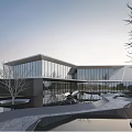 Modern Sales Office Building Architectural Design With Glass Curtain Walls Water Features And Landscape