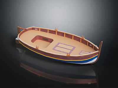 Wooden Small Watercraft With Brown Interior And Blue Striped Design Details 3d model