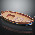 Wooden Small Watercraft With Brown Interior And Blue Striped Design Details