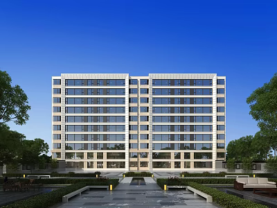 Modern Residential Building with Light Facade and Large Windows Surrounded by Greenery and Landscaped Courtyard 3d model