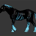 Black Horse Featuring Blue Skeletal Patterns Glowing Eyes Blue Hooves On Dark Background Reflection