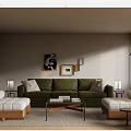 Modern Living Room Interior With Green Sofa Wooden Benches Glass Coffee Table And Wall Artworks