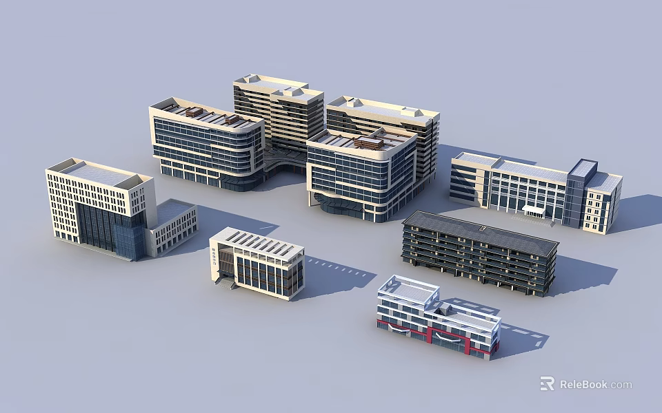 Modern Multiple Office Buildings Complex With Glass Curtain Walls And Contemporary Design 3d model 