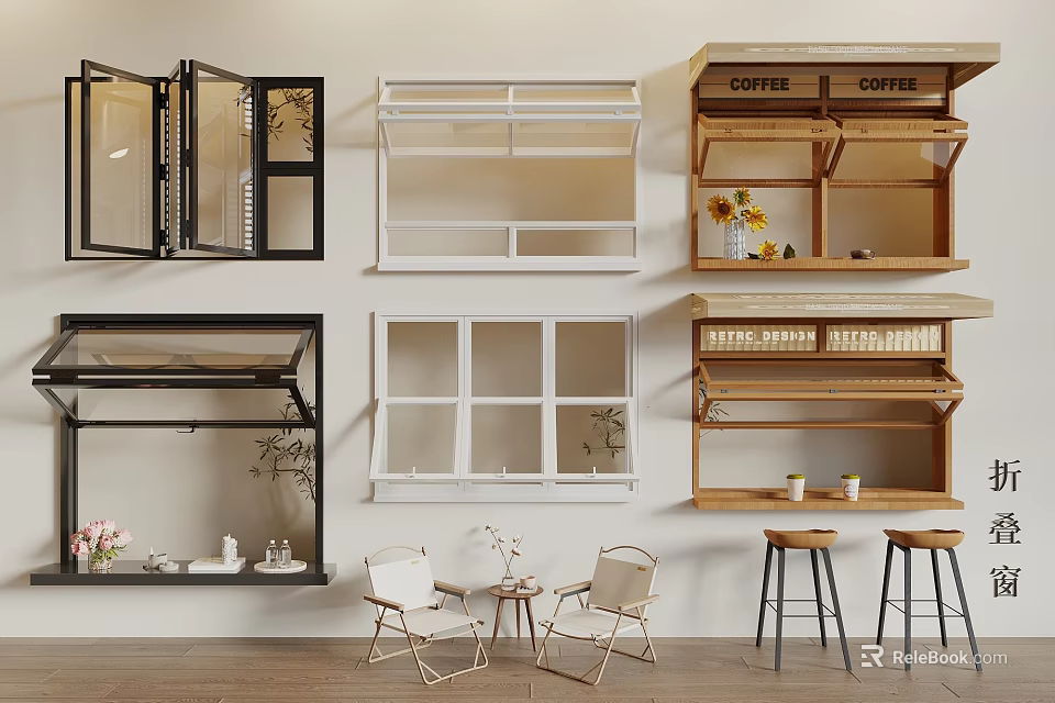 Various Wall Mounted Shelves in Different Styles with Decorative Items and Seating 3d model 