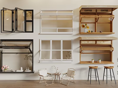 Various Wall Mounted Shelves in Different Styles with Decorative Items and Seating 3d model