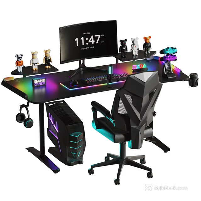 Gaming Computer Desk Setup With RGB Lighting Monitor Keyboard Mouse And Ergonomic Chair 3d model 
