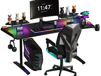 Gaming Computer Desk Setup With RGB Lighting Monitor Keyboard Mouse And Ergonomic Chair 3d model