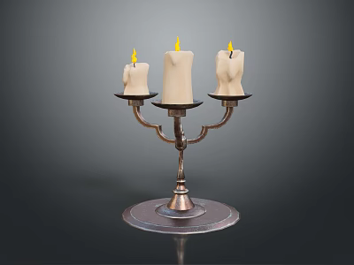 Decorative Metal Candle Holder With Three Burning Candles And Burn Marks 3d model
