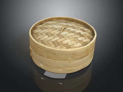 Traditional Bamboo Steamer With Woven Lid Round Shape And Wooden Body 3d model