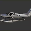 Detailed Modern White and Blue Seaplane with Floats Extended Wings on Reflective Surface