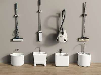 Hanging Mops Vacuum Cleaner And White Sinks On Wooden Floor 3d model