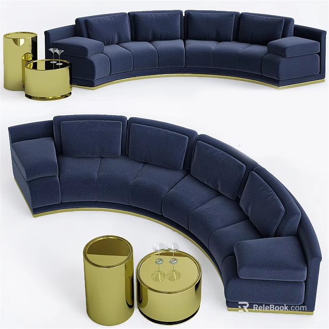 Curved Navy Blue Sectional Sofa with Gold Side Tables and Glassware Decor 3d model 