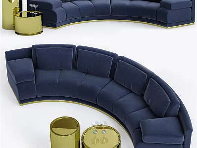 Curved Navy Blue Sectional Sofa with Gold Side Tables and Glassware Decor 3d model