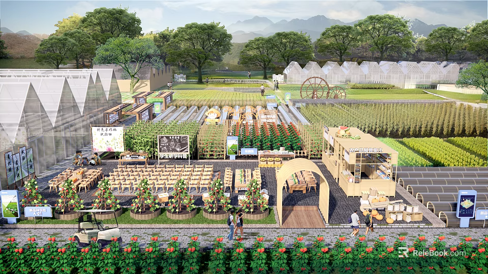 Rural Landscape With Greenhouses Farm Fields Flower Beds Stalls People Walking Trees And Mountains 3d model 