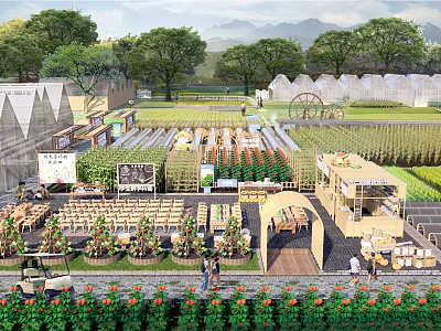 Rural Landscape With Greenhouses Farm Fields Flower Beds Stalls People Walking Trees And Mountains 3d model