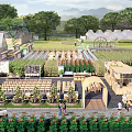 Rural Landscape With Greenhouses Farm Fields Flower Beds Stalls People Walking Trees And Mountains