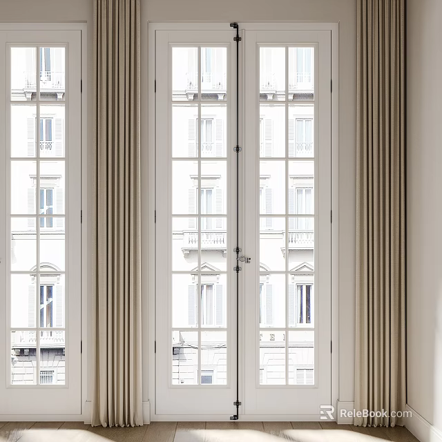 Elegant Double Doors Interior Design With Glass Panels And Beige Curtains 3d model 