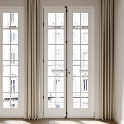 Elegant Double Doors Interior Design With Glass Panels And Beige Curtains 3d model