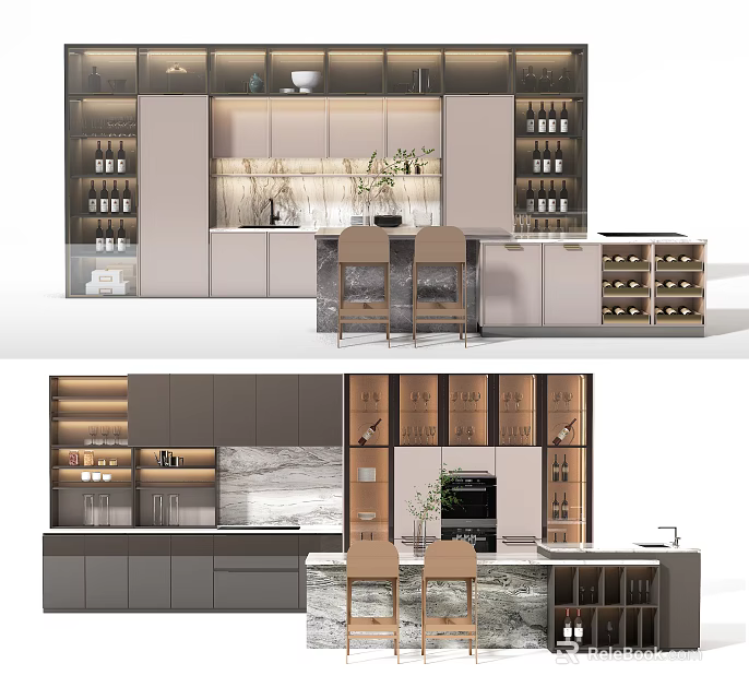 Elegant Modern Kitchen Interior With Marble Countertop Wine Racks And Cabinets 3d model