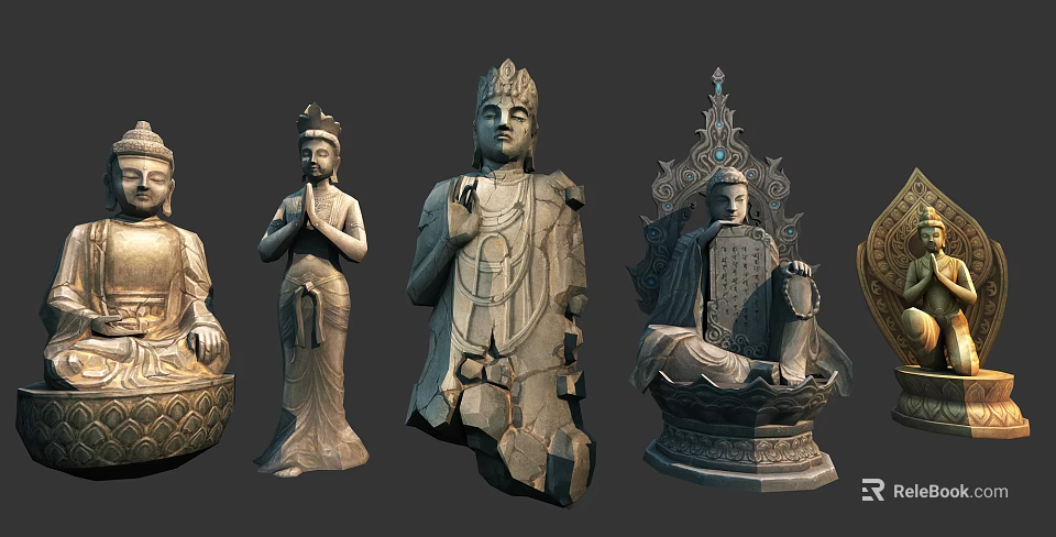 Intricate Buddhist Sculpture Carvings With Standing Seated Figures And Ornate Headdresses 3d model 