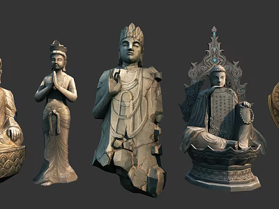 Intricate Buddhist Sculpture Carvings With Standing Seated Figures And Ornate Headdresses 3d model