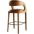 Brown Leather Bar Stools With Curved Armrests Wooden Legs And Metal Footrests
