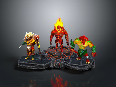 Armored Warrior Fire Elemental And Green Clawed Monster On Lava Platform With Flames 3d model