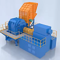Industrial Crushing Equipment with Orange Hopper and Blue Machinery on Steel Platform