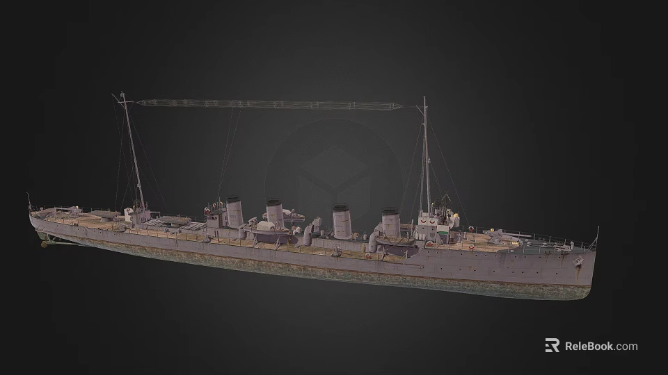 Vintage Warship Model Featuring Multiple Funnels And Deck Structures Displayed Against Dark Background 3d model