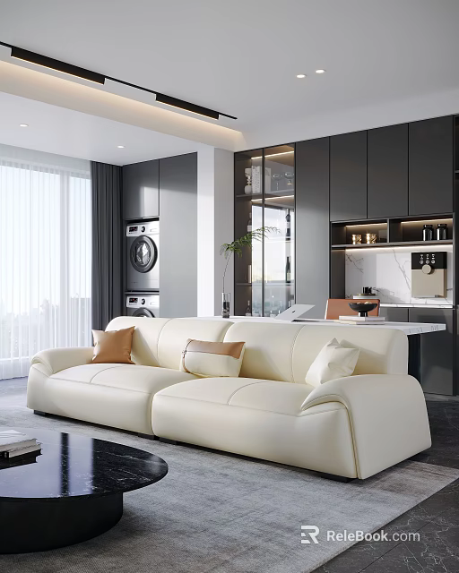 White Sectional Sofa With Decorative Pillows In Modern Living Room And Dark Kitchen Cabinets 3d model 