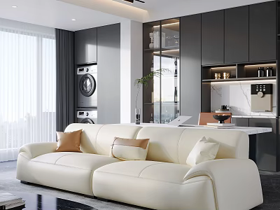 White Sectional Sofa With Decorative Pillows In Modern Living Room And Dark Kitchen Cabinets 3d model