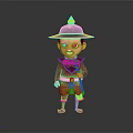 Cute Cartoon Character in Traditional Outfit With Black Gold Hat Red Top and Green Pants