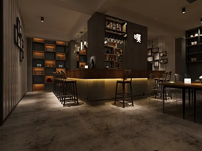Stylish Café Interior Design With Bar Counter Bar Stools And Shelves 3d model