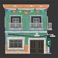 Two story green building model with balconies windows door and roof streamers