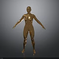 Golden Human Figure Sculpture With Circuit Mechanical Texture Standing Pose And Gray Gradient Background