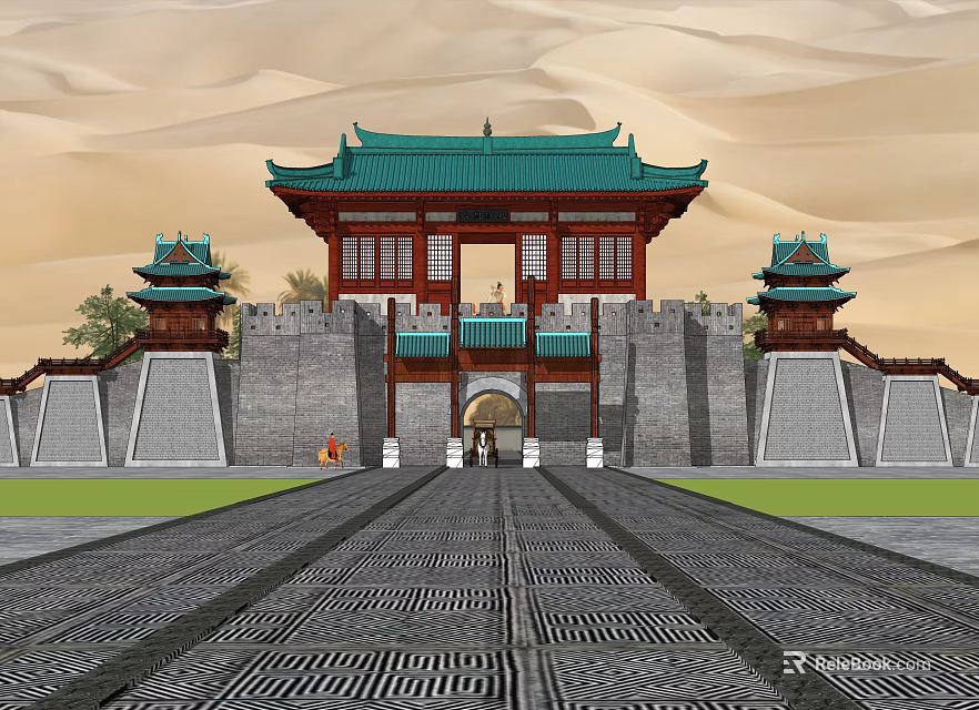 Ancient Chinese Architecture Design With Green Tiled Roof Gate Tower And Stone City Walls 3d model 