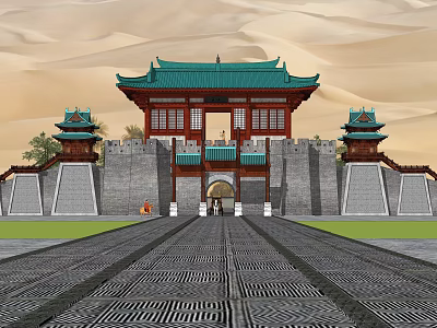 Ancient Chinese Architecture Design With Green Tiled Roof Gate Tower And Stone City Walls 3d model