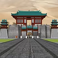 Ancient Chinese Architecture Design With Green Tiled Roof Gate Tower And Stone City Walls