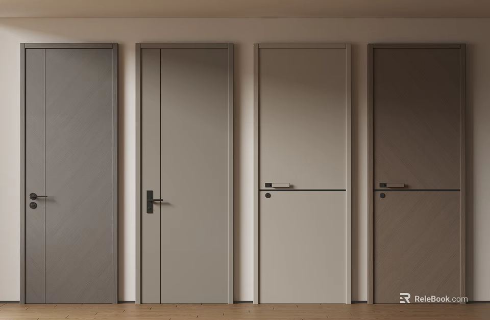 Various Style Hinged Doors With Wooden Texture And Distinct Handles For Home Interior 3d model 
