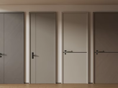Various Style Hinged Doors With Wooden Texture And Distinct Handles For Home Interior 3d model