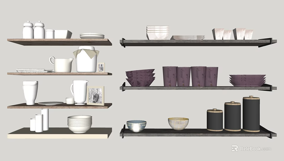 Elegant Tableware Set Display on Shelves with Bowls Cups Plates and Jars 3d model 