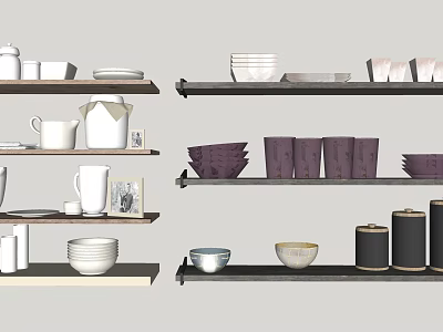 Elegant Tableware Set Display on Shelves with Bowls Cups Plates and Jars 3d model