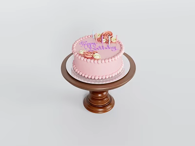 Round Pink Happy Birthday Cake With Floral Decorations On Wooden Stand 3d model