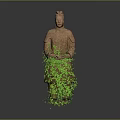 Ancient Terracotta Warrior Statue With Green Plants Covering Lower Body Section